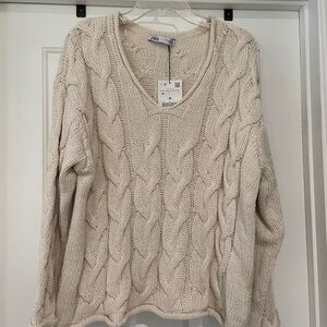 Zara Women's Beige Cable Knit V-Neck Sweater